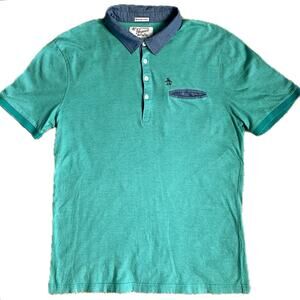 Original Penguin Green Stripe Chambray Trim Polo Size XL Slim‎ Fit Golf Shirt